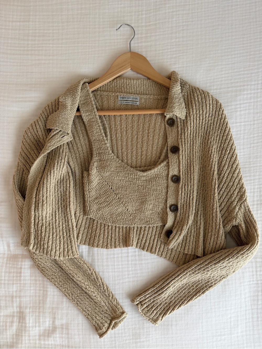 Urban Outfitters Knit Cropped Cardigan and Tank Set - Beige